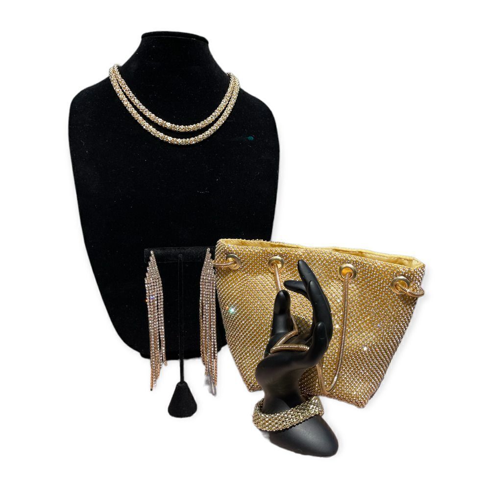 Gold Mesh Bling Formal Hobo Glitz Bag Earring Necklace Bracelet Set